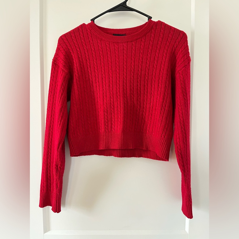 Ambiance Apparel Red Cropped Cableknit Sweater